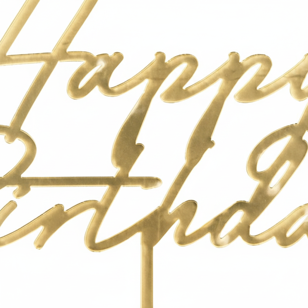 Close-up detail of gold mirror-finish acrylic Happy Birthday cursive script on cake topper