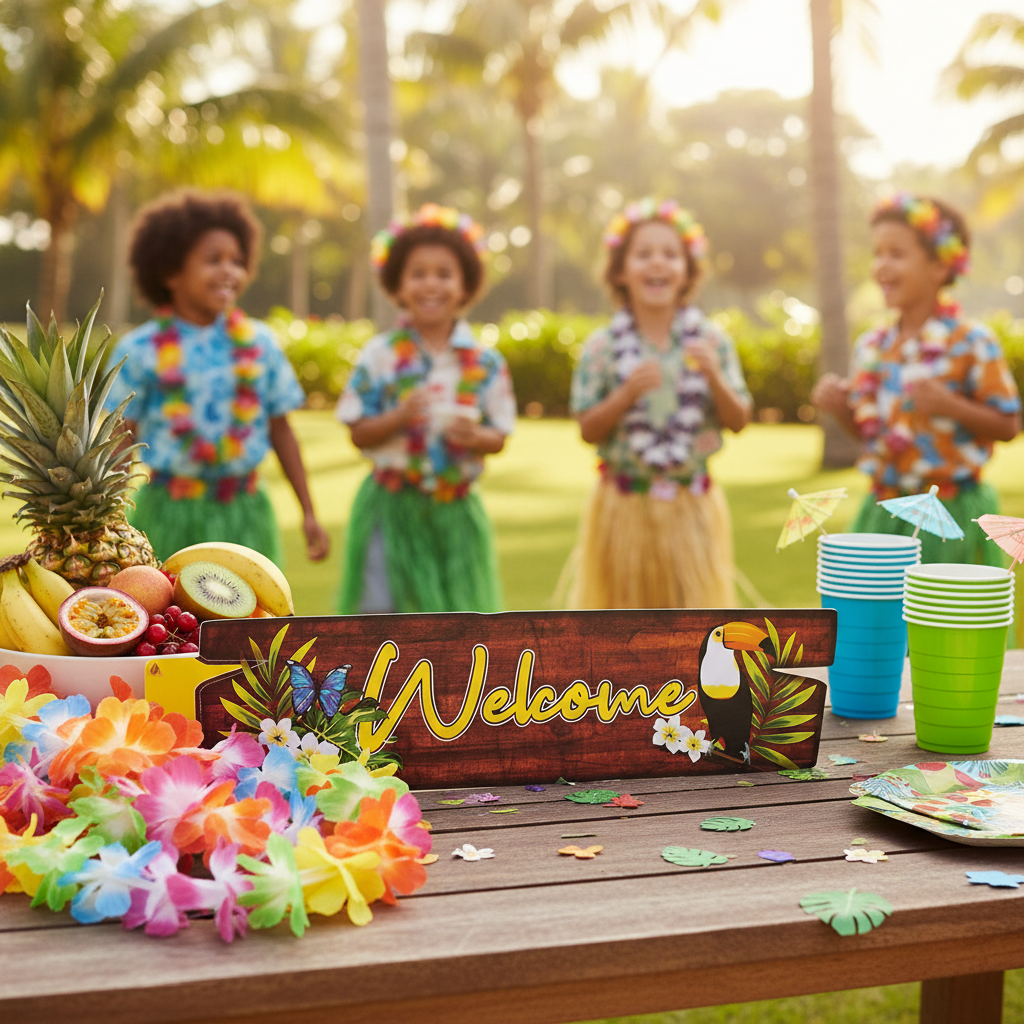 Cardboard Hawaiian Welcome Sign at colourful kids Hawaiian birthday party with tropical decorations