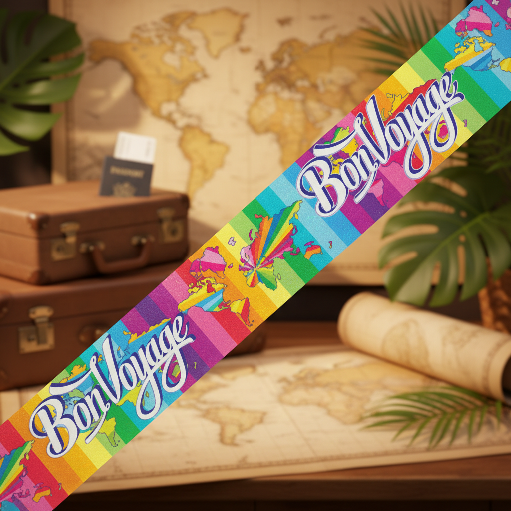 9ft metallic Bon Voyage banner displayed against elegant travel-themed background with vintage suitcases and tropical plants