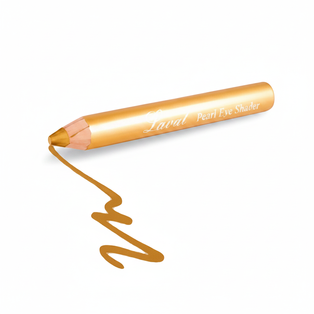 Laval Pearl Eye Shader Eyeshadow Pencil in Gold on a white background, showing the metallic gold barrel with Laval branding and sharpened pigment tip