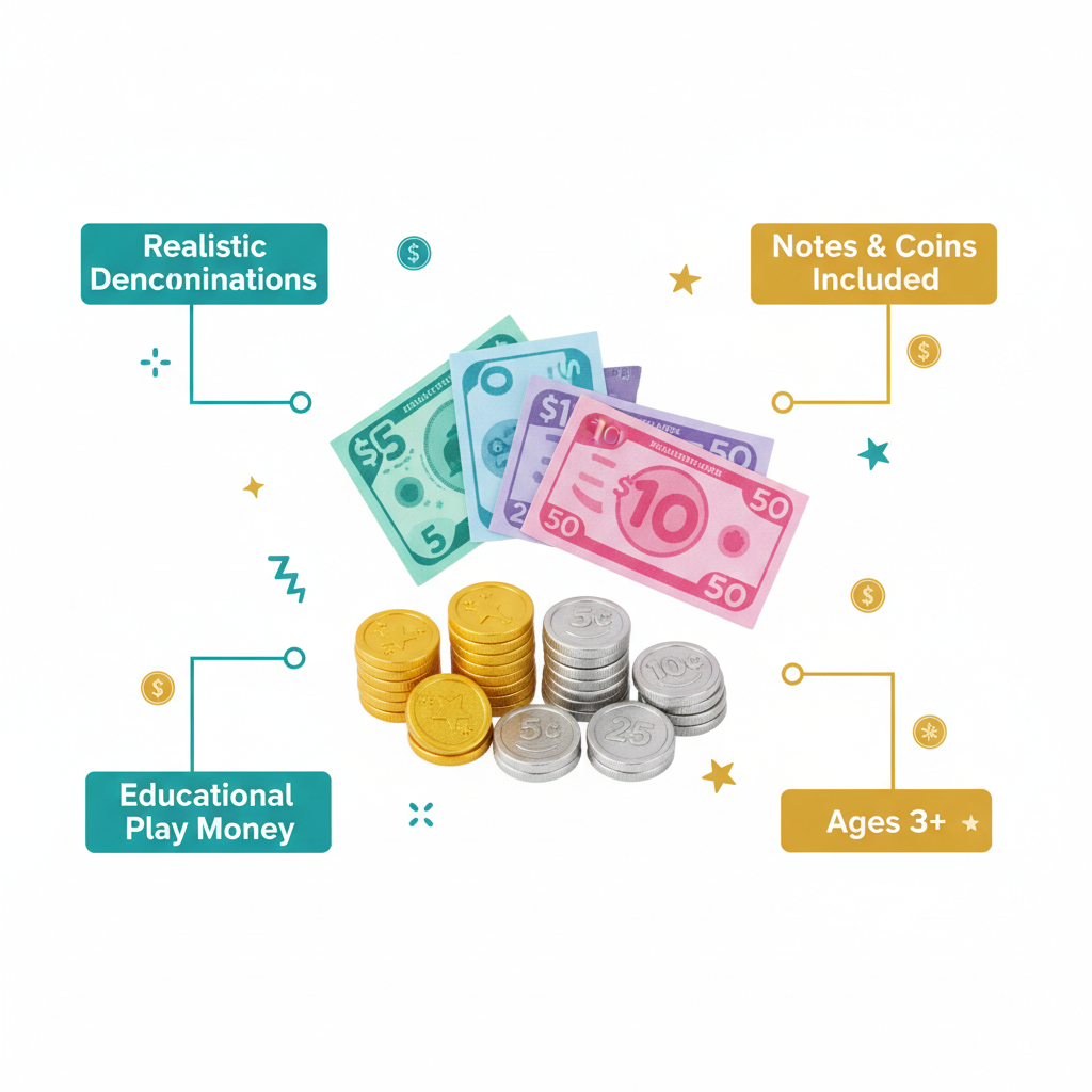 Children's UK sterling play money toy infographic highlighting realistic denominations, notes and coins, ages 3+