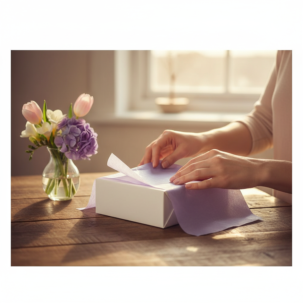 Hands wrapping a gift with lilac tissue paper in warm golden hour light