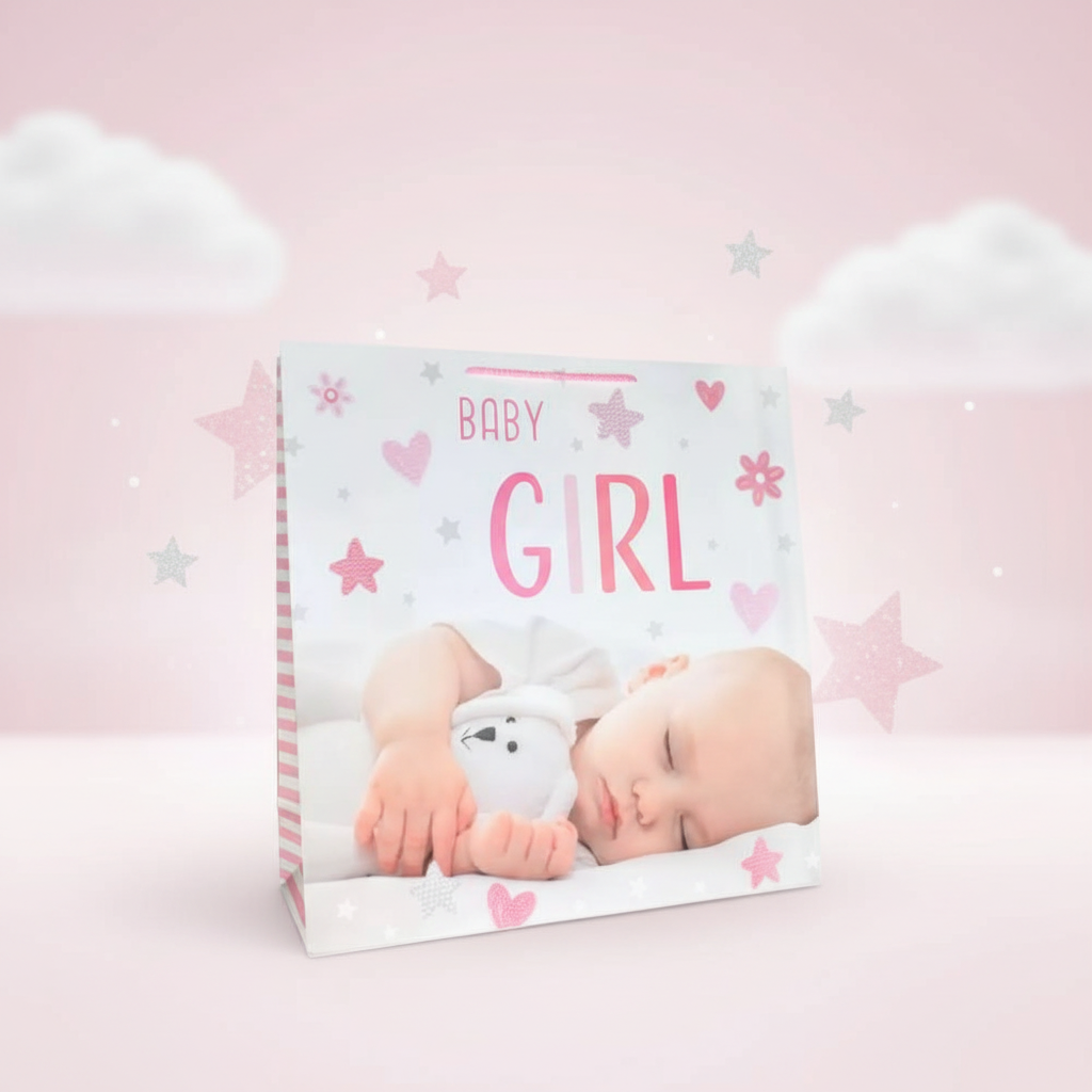 Pink baby girl giant gift bag 19.5 inches square with premium finish for baby shower gifts