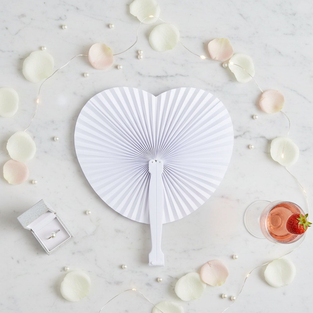 White heart paper fan flat lay on marble with rose petals and pearl decorations