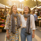 Two women friends laughing at a spring street market, one wearing a black and grey chiffon leopard print scarf in golden hour light