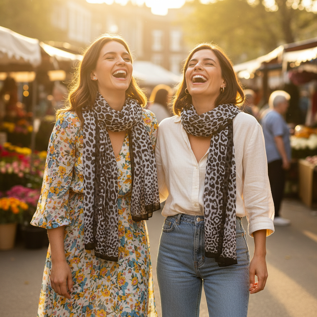 Two women friends laughing at a spring street market, one wearing a black and grey chiffon leopard print scarf in golden hour light