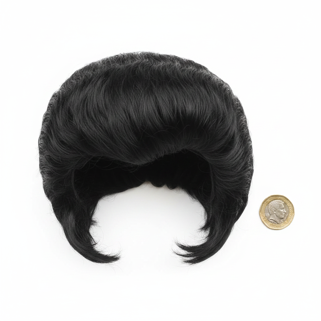 Jet black Elvis pompadour wig flat lay on white background beside a £1 coin showing scale