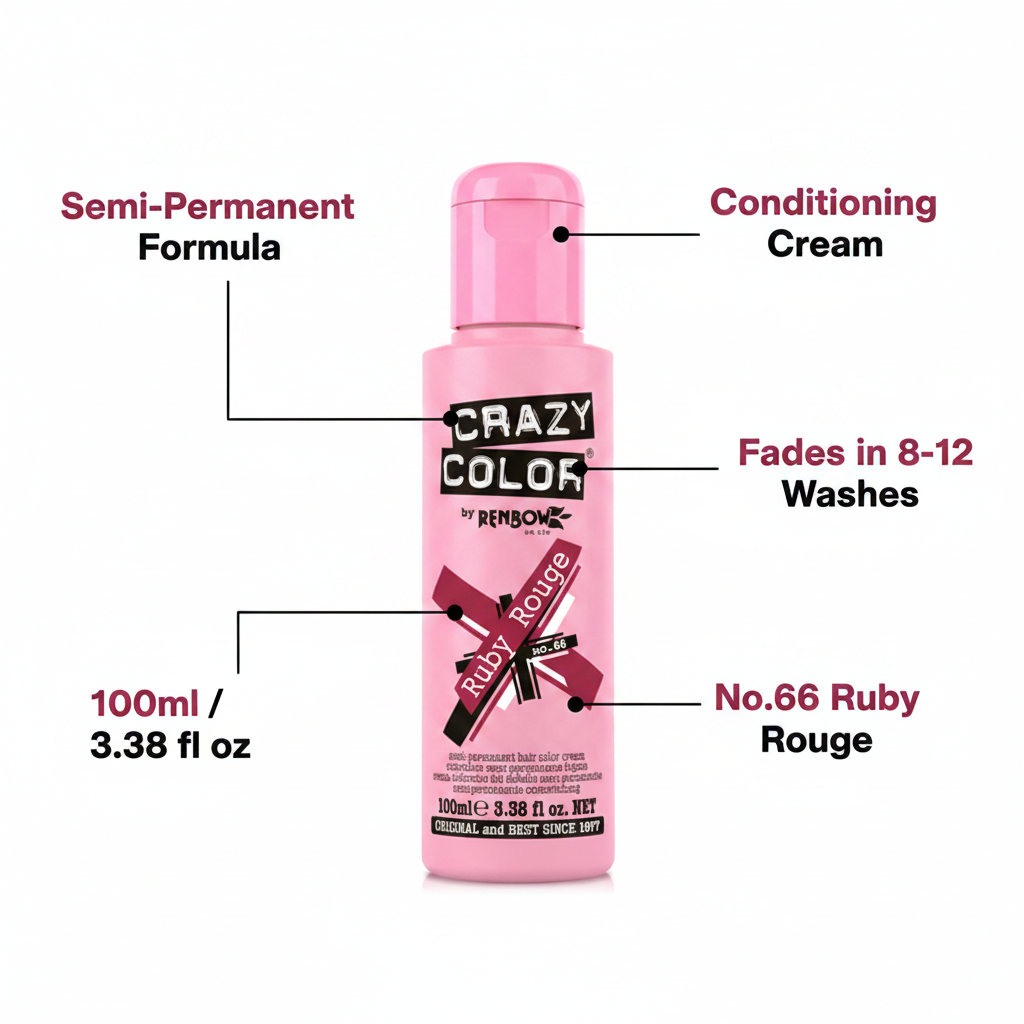 Crazy Color Ruby Rouge 100ml hair dye infographic showing key features: semi-permanent formula, 100ml size, conditioning cream, fades in 8-12 washes