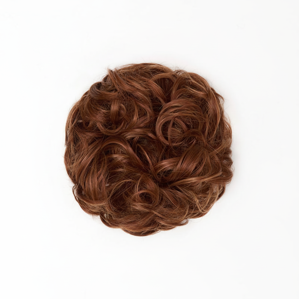 Extreme macro close-up of warm auburn copper curly hair bun 33/30 Sunrose showing individual curl texture, cinnamon copper russet tones and strand craftsmanship
