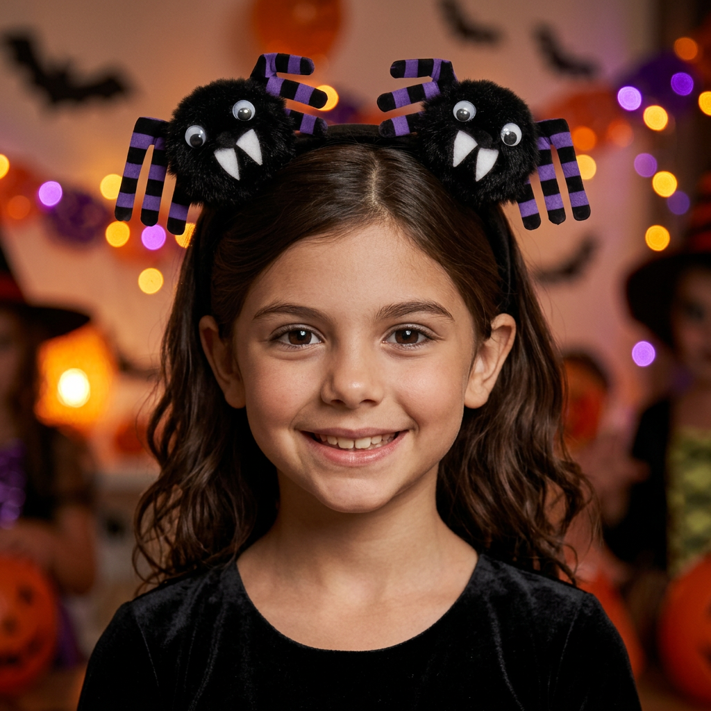 Smiling person wearing the twin black and purple spider headband at a Halloween party