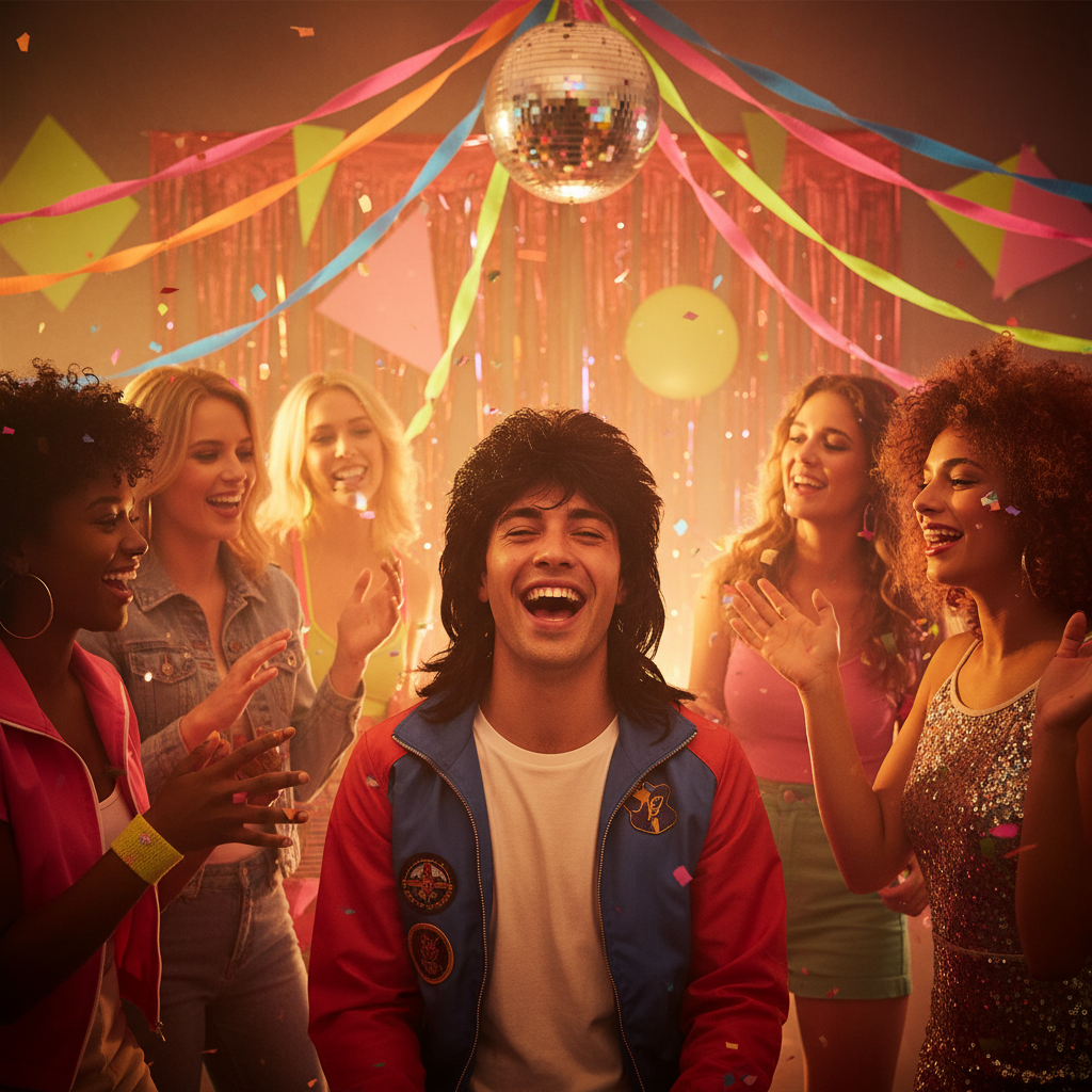 Man wearing jet black 1980s mullet wig laughing at a retro fancy dress party with friends in warm golden hour lighting
