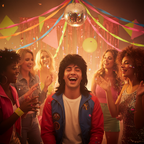 Man wearing jet black 1980s mullet wig laughing at a retro fancy dress party with friends in warm golden hour lighting