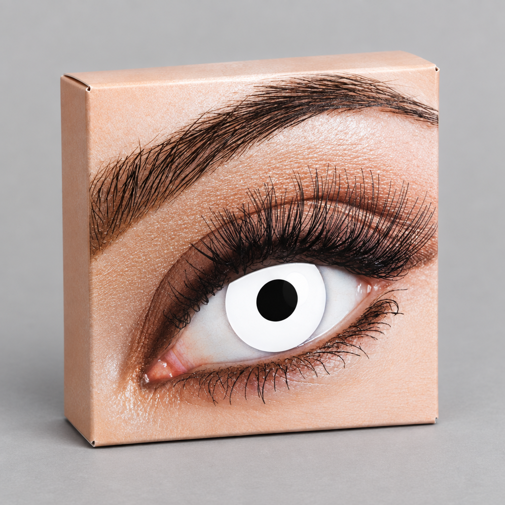 Angled close-up of the Eyecasions white contact lenses box showing the white lens eye artwork