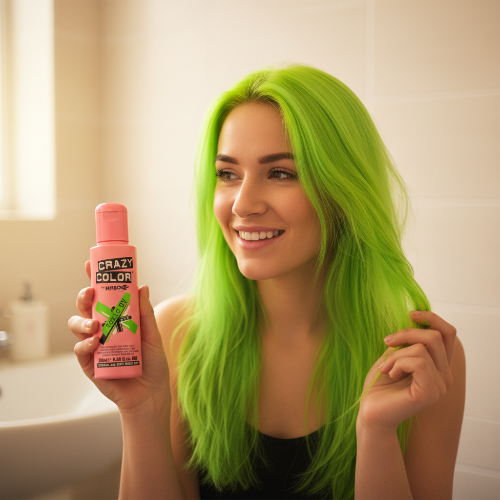 Young woman with neon green hair holding Crazy Color Toxic UV Green Hair Dye bottle, candid bathroom moment, warm bokeh background