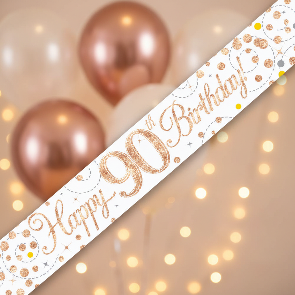 9ft Sparkling Fizz 90th Birthday Banner in rose gold holographic and white - premium party decoration