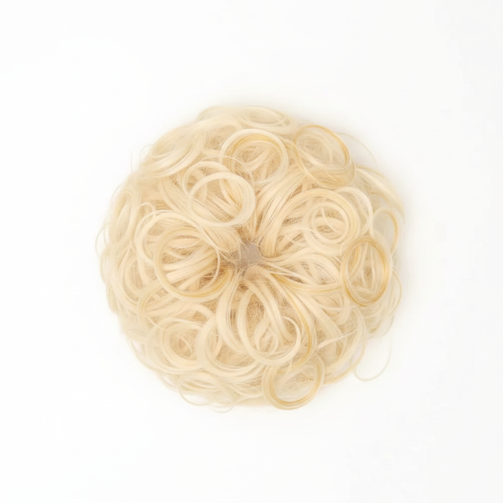 Heat resistant curly messy hair bun in 613 Daisy platinum blonde on pure white background, Amazon and eBay hero shot