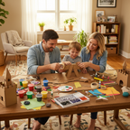 Family doing a craft project together using clear tape to assemble cardboard crafts at a dining table