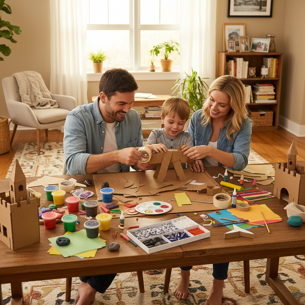 Family doing a craft project together using clear tape to assemble cardboard crafts at a dining table