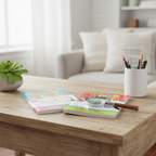 Two Jumbo Word Search Large Print Books displayed on a wooden coffee table in a bright living room with natural window light