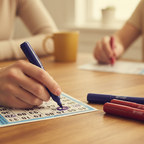 Candid shot of hand dabbing a bingo card with a chunky navy-purple Anker Stationery Bingo Marker, warm bokeh background