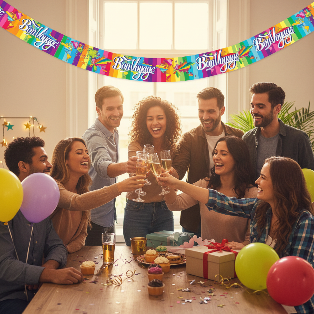 Friends celebrating at farewell party with metallic Bon Voyage banner hanging in background