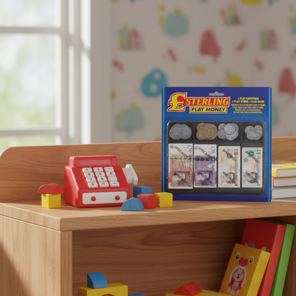 Sterling Play Money set in royal blue packaging on a child's bedroom shelf with toy cash register and wooden blocks in natural window light