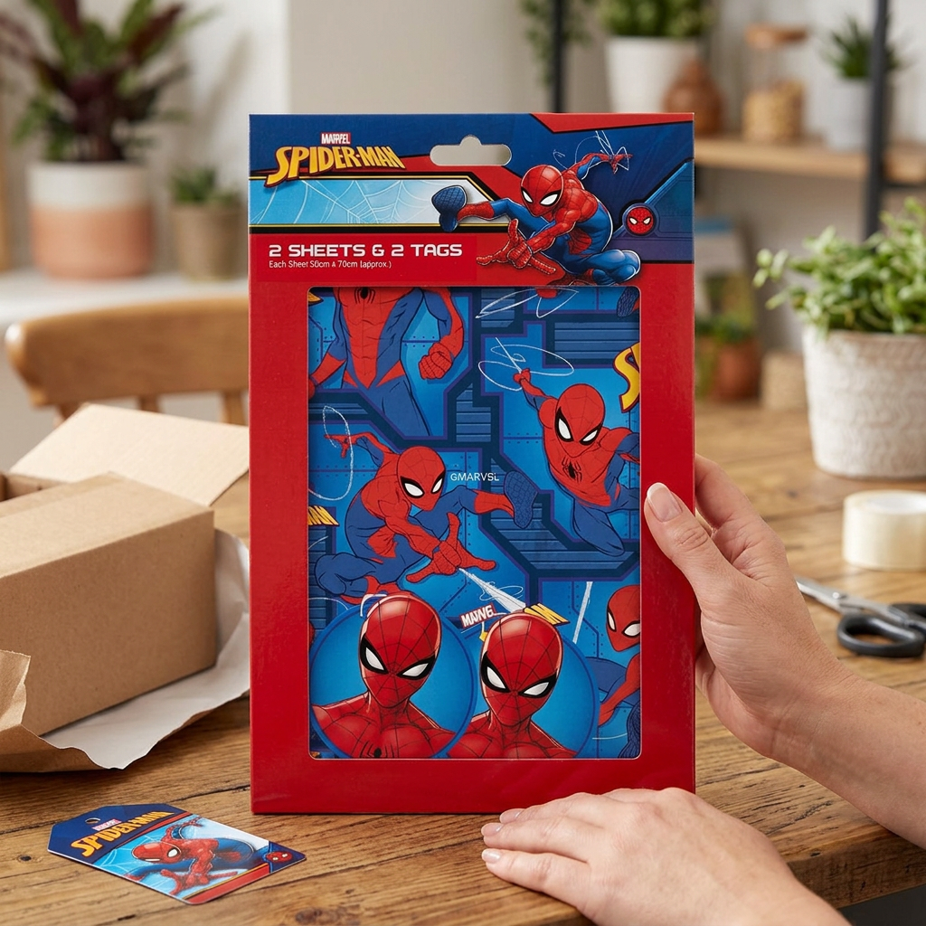 Adult hands holding a Spider-Man wrapping paper pack beside a gift box on a table