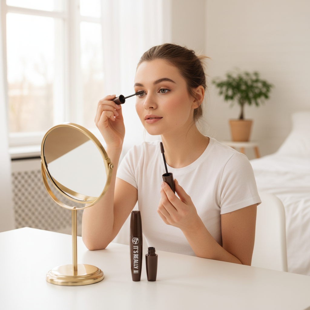 Young woman applying W7 It's Really Colour Mascara in Brown at her vanity mirror in a bright airy bedroom, natural beauty lifestyle