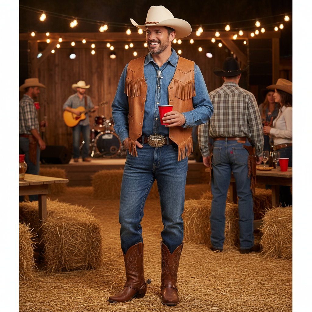 Man in full cowboy fancy dress costume wearing cowboy boot bolo tie — complete western look