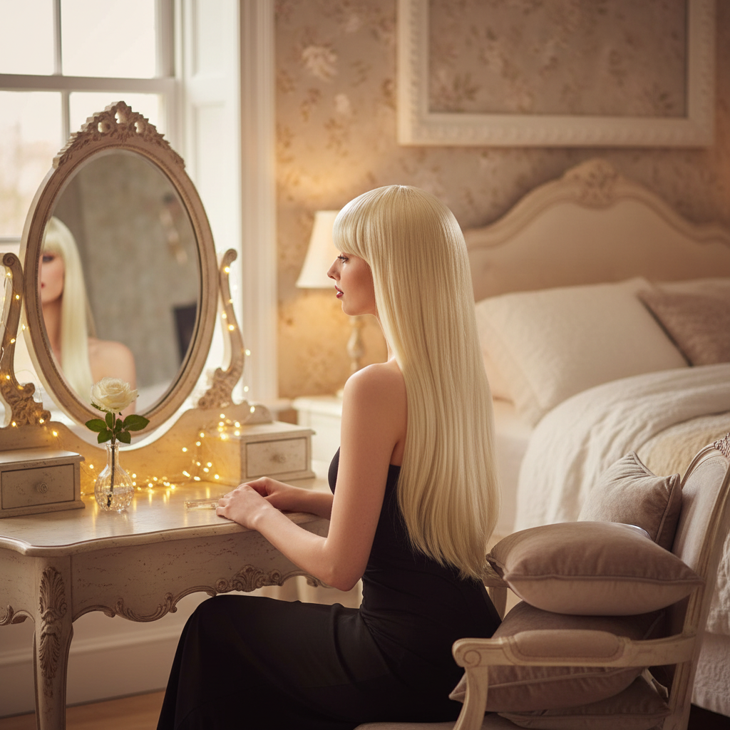 Woman wearing long blonde fringe wig sitting at a vanity dressing table with natural window light