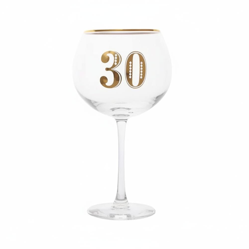 Art Deco 30th Birthday Gin Glass on pure white background, centred studio shot showing gold Art Deco 30 detailing