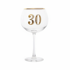 Art Deco 30th Birthday Gin Glass on pure white background, centred studio shot showing gold Art Deco 30 detailing