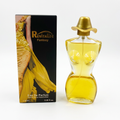 Revitalise Fantasy 85ml perfume torso bottle with gold hat cap beside its black and gold box on white.
