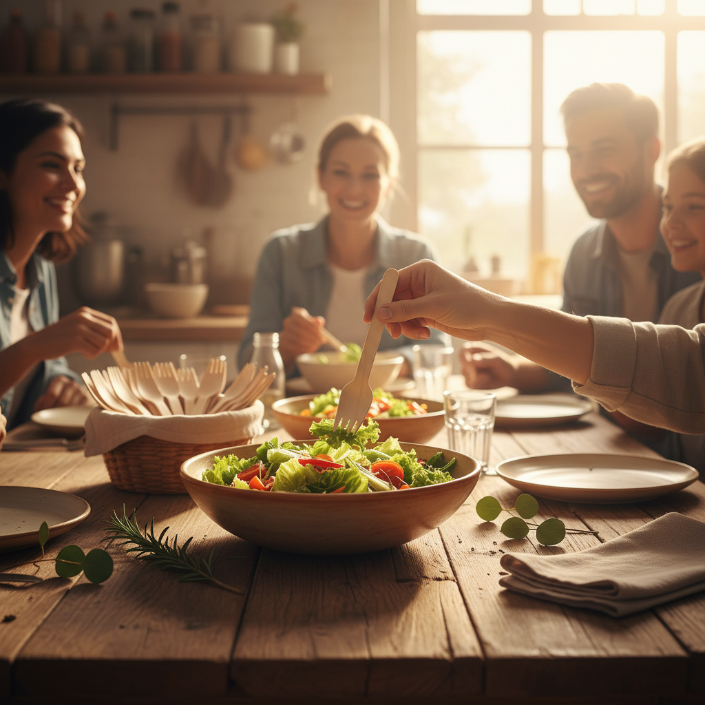 Eco birchwood wooden fork being used at a warm family kitchen gathering with fresh salad