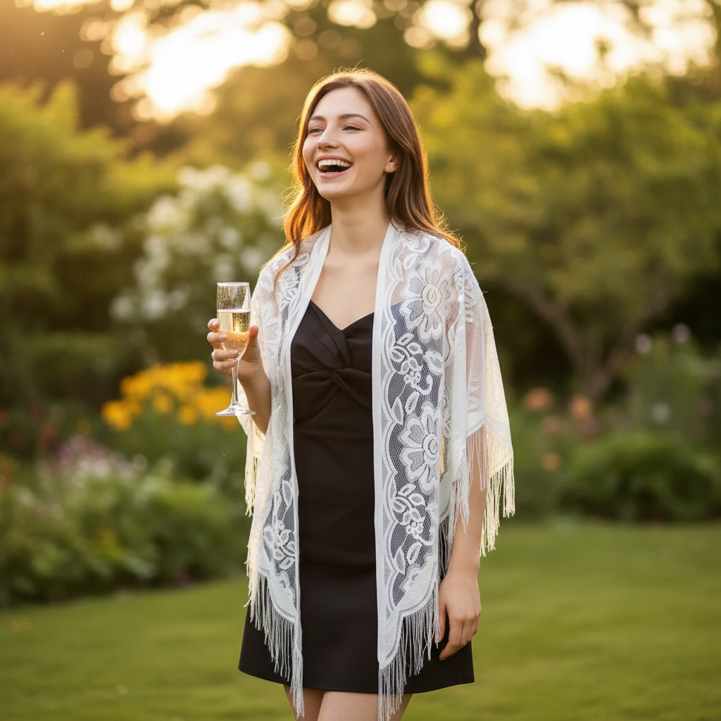 Woman wearing white lace triangular shawl scarf at an outdoor garden party, golden hour lighting