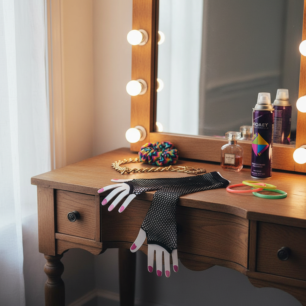 Long black fishnet net gloves laid on a vintage 80s dressing table with mirror, jewellery and hairspray props, natural window light