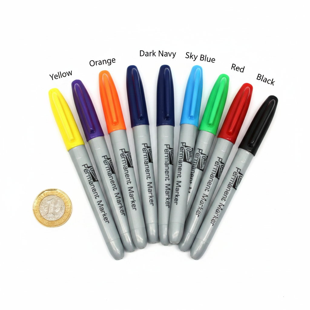 Tallon Permanent Markers 8 Pack flat lay with all 8 markers fanned out beside a £1 coin to show scale, white background overhead lighting