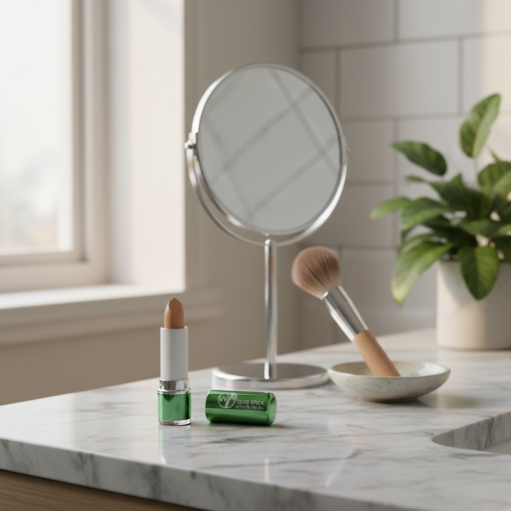 W7 Tea Tree Concealer Stick Medium/Deep on marble vanity with mirror and brush, natural window light editorial beauty styling