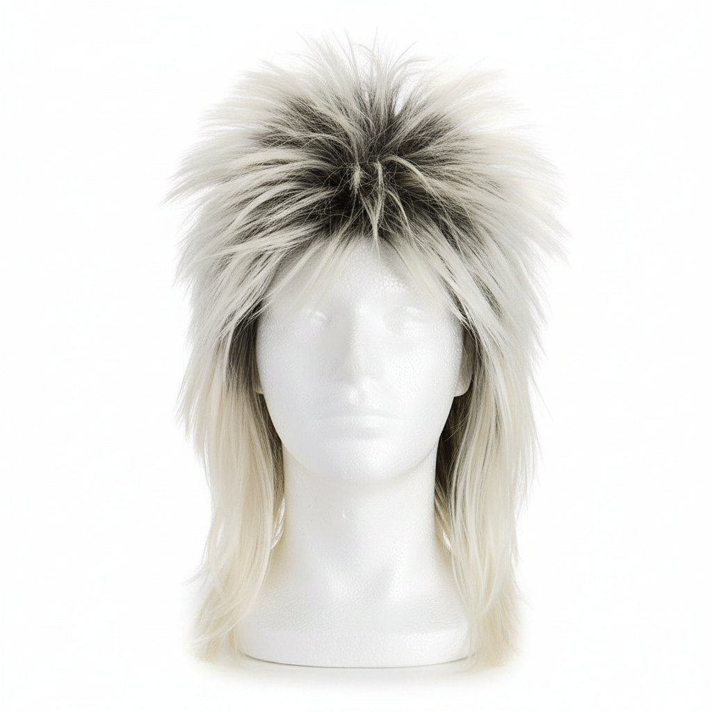 80s rockstar two-tone platinum blonde and dark spiked fancy dress wig on white background, studio hero shot