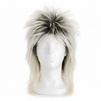 80s rockstar two-tone platinum blonde and dark spiked fancy dress wig on white background, studio hero shot