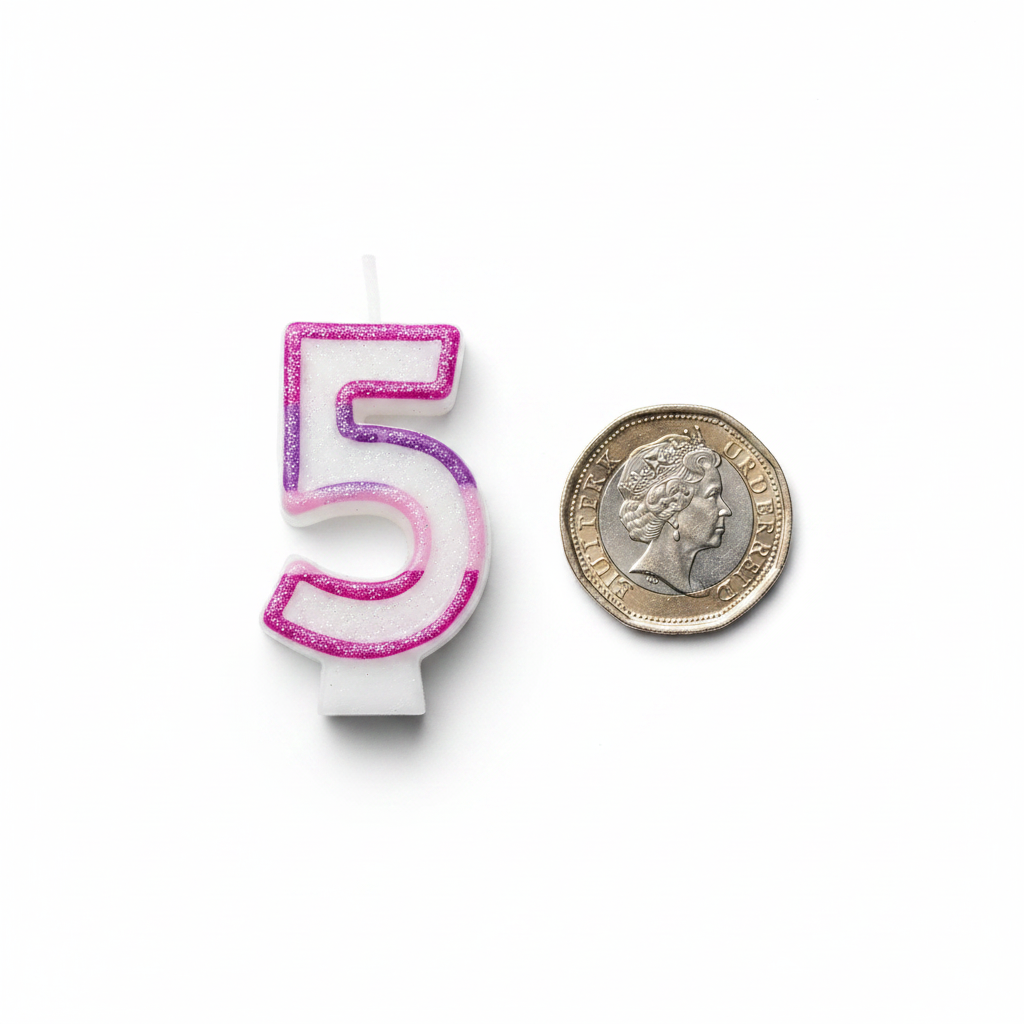 Pink glitter number 5 birthday candle flat lay beside a £1 coin for size reference, white background, soft overhead lighting
