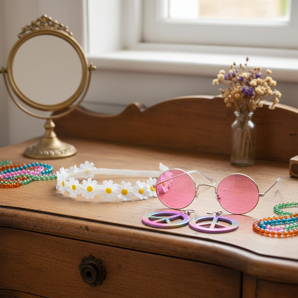 Hippie fancy dress accessories arranged on a vintage dressing table with retro 70s decor and natural window light