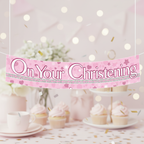 9ft pink holographic dot christening banner - premium product shot with elegant background