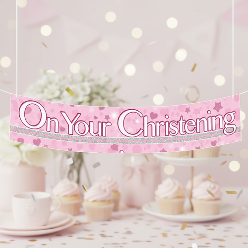 9ft pink holographic dot christening banner - premium product shot with elegant background