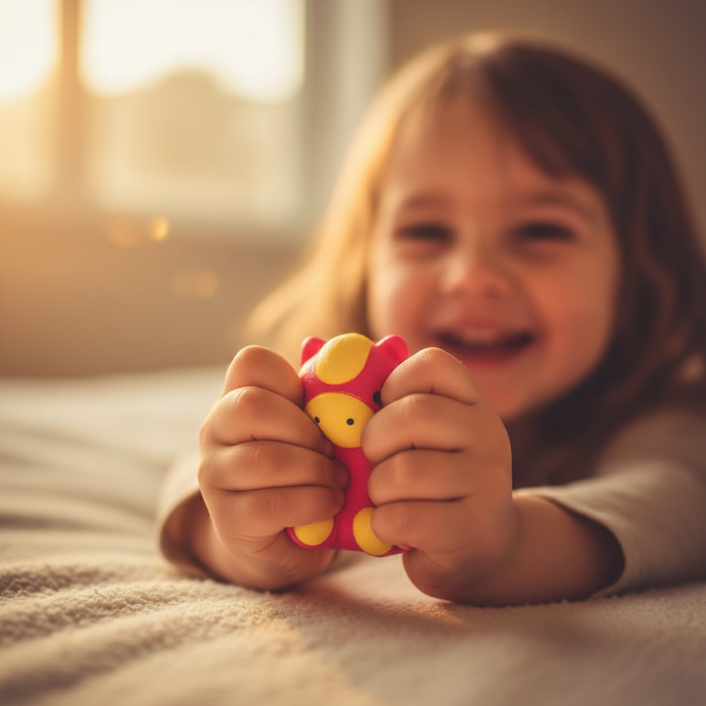 Child squeezing pink slow rise squishy bear toy in golden hour warm light — joyful lifestyle scene