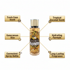 W7 Coconut Bomb Body Mist 250ml premium feature infographic with callout labels: Tropical Coconut Scent, Hydrating Formula, Generous 250ml Size, Long-Lasting Fragrance, Convenient Spray Bottle