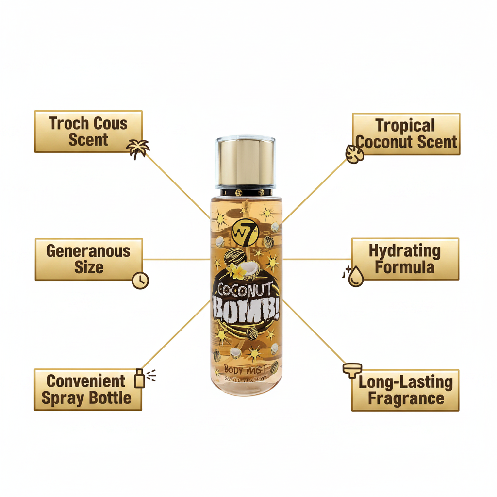 W7 Coconut Bomb Body Mist 250ml premium feature infographic with callout labels: Tropical Coconut Scent, Hydrating Formula, Generous 250ml Size, Long-Lasting Fragrance, Convenient Spray Bottle