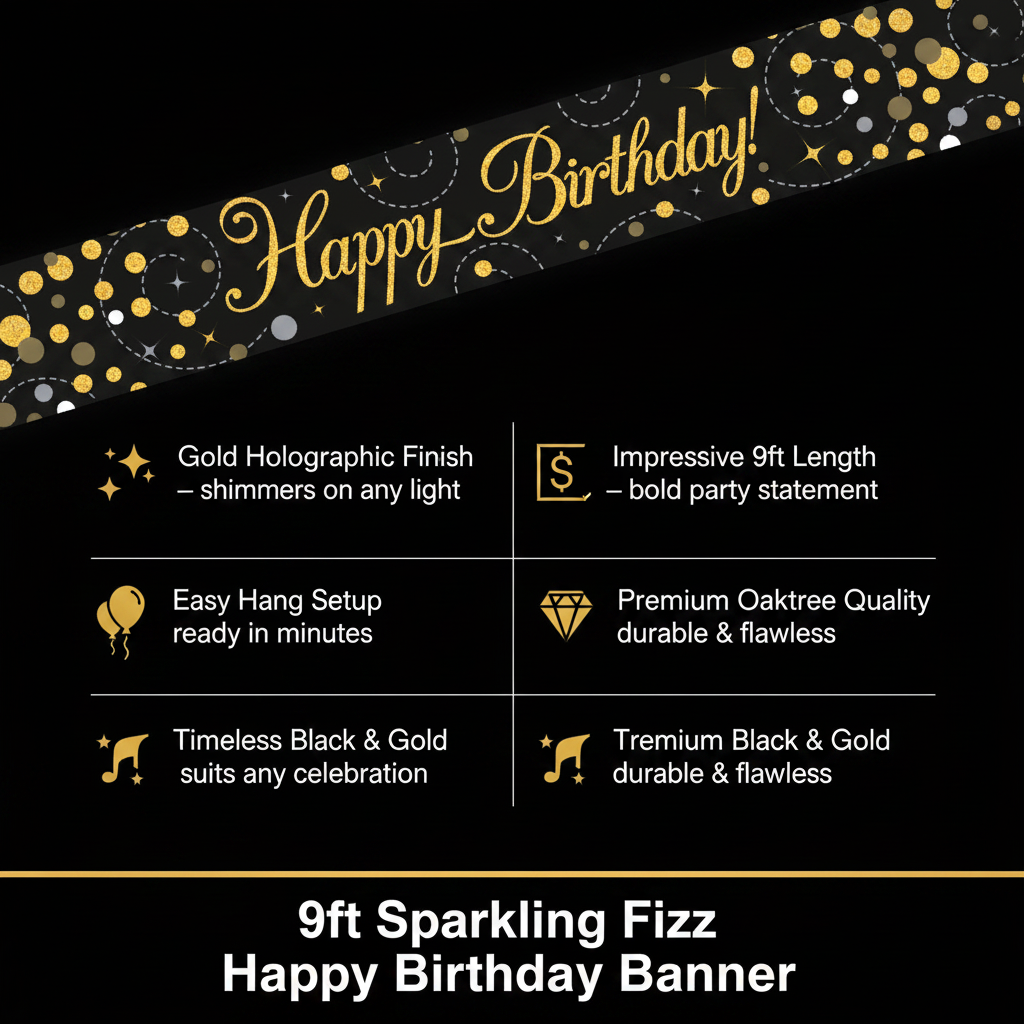 9ft Sparkling Fizz Happy Birthday Banner Black Gold Holographic – product infographic showing gold holographic lettering, 9ft length, easy setup, premium Oaktree quality, and timeless black and gold party decoration design