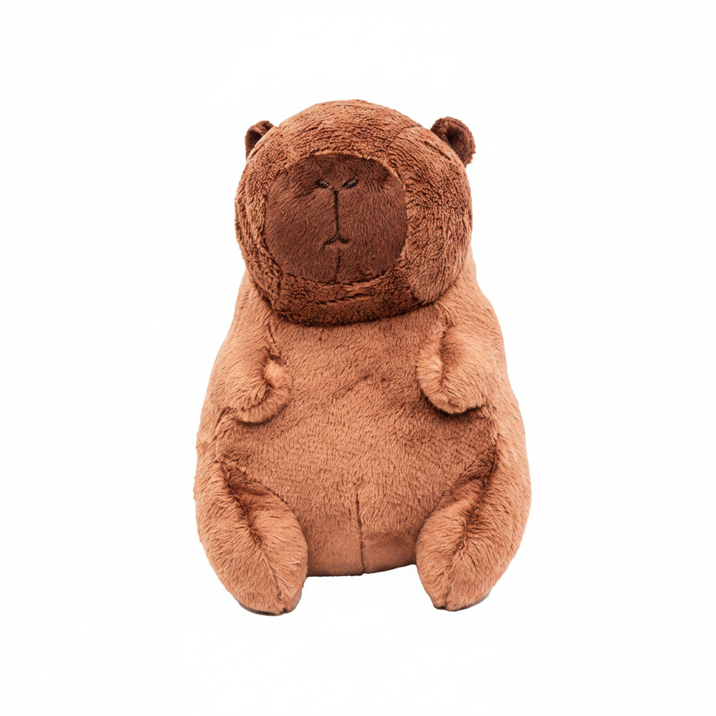 Cuddly Capybara plush toy 15cm on pure white background, studio hero shot