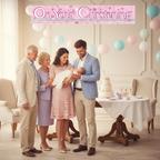Family celebrating christening with pink holographic banner in beautiful party setting